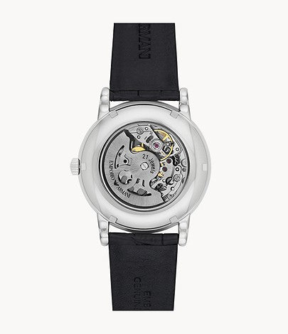 Emporio Armani Luigi Silver Skeleton Dial Black Leather Strap Watch For Men - AR1981 Buy Now By Emporio Armani