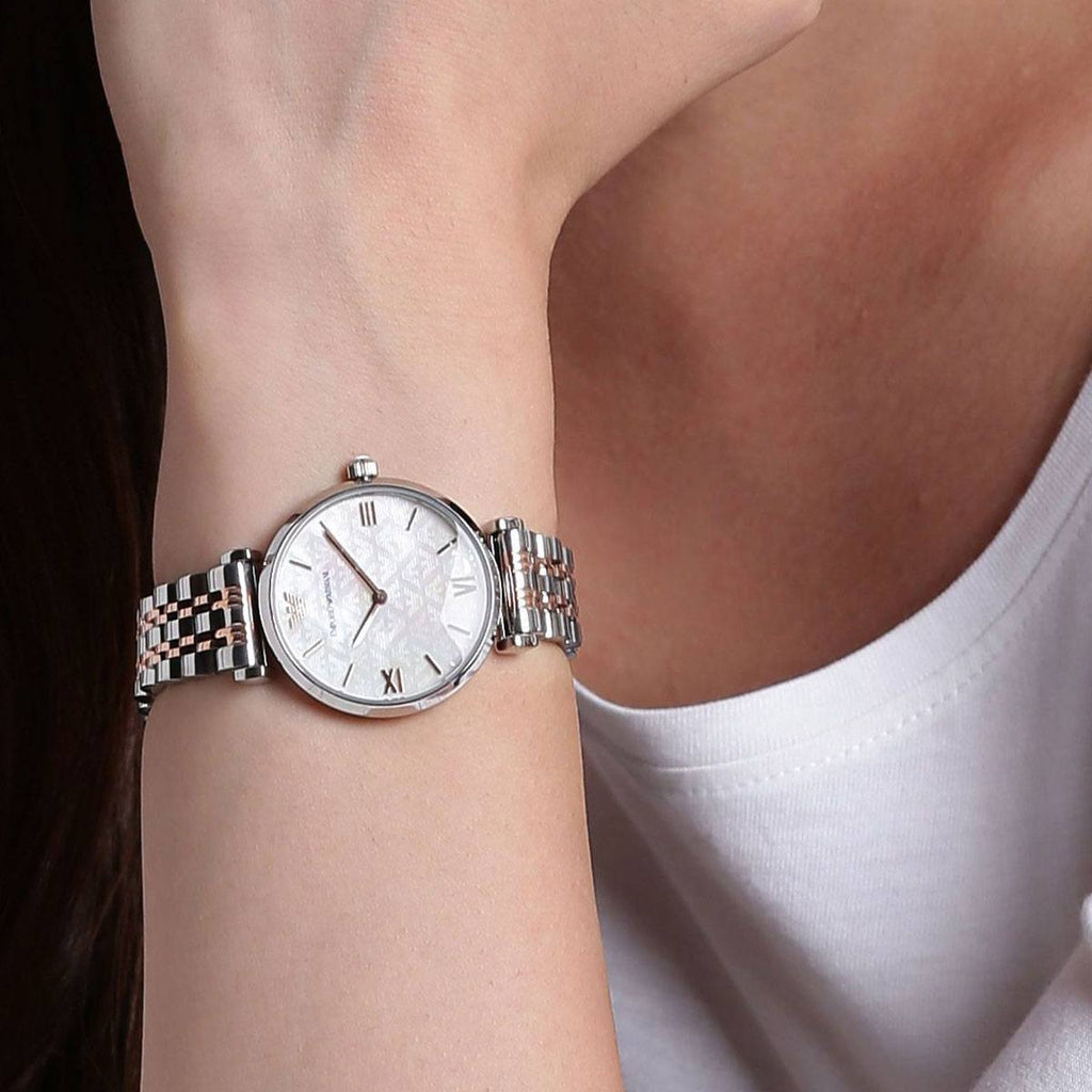 Emporio Armani Gianni T-Bar Mother of Pearl Dial Two Tone Steel Strap Watch For Women - AR1987 Buy Now By Emporio Armani