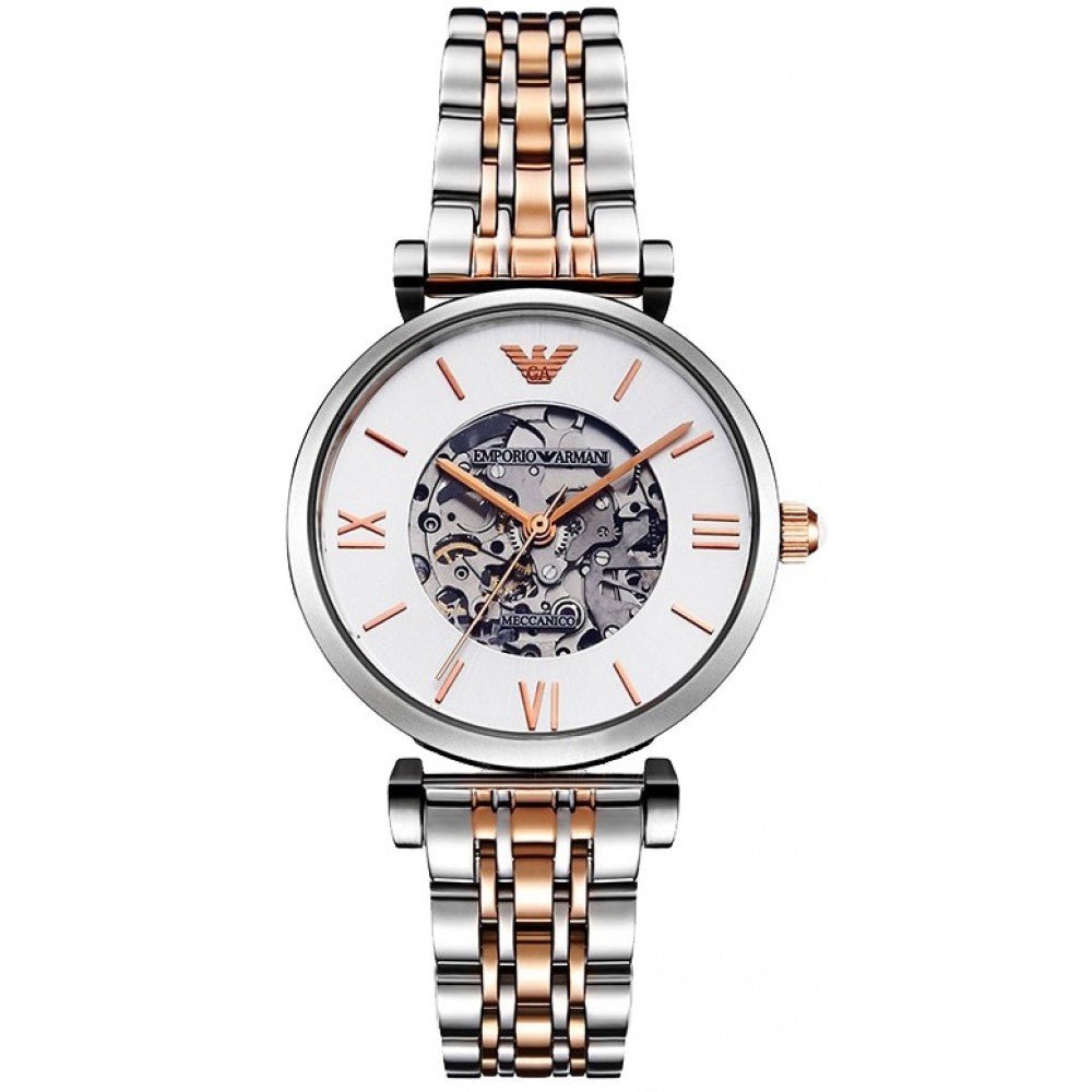 Emporio Armani Gianni T Bar Silver Skeleton Dial Two Tone Strap Watch For Women - AR1992 Buy Now By Emporio Armani