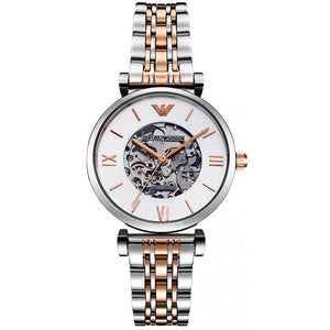 Emporio Armani Gianni T Bar Silver Skeleton Dial Two Tone Strap Watch For Women - AR1992 Buy Now By Emporio Armani