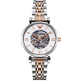 Emporio Armani Gianni T Bar Silver Skeleton Dial Two Tone Strap Watch For Women - AR1992 Buy Now By Emporio Armani