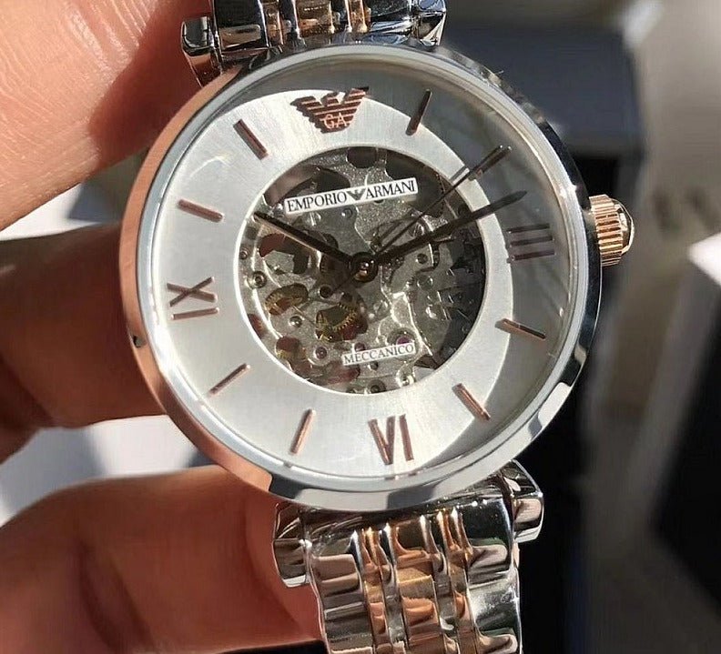 Emporio Armani Gianni T Bar Silver Skeleton Dial Two Tone Strap Watch For Women - AR1992 Buy Now By Emporio Armani