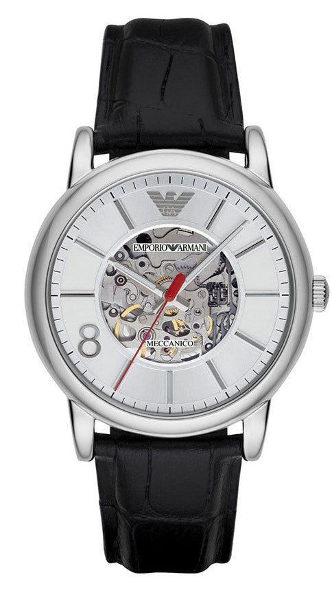 Emporio Armani Meccanico Silver Skeleton Dial Black Leather Watch For Men - AR1997 Buy Now By Emporio Armani