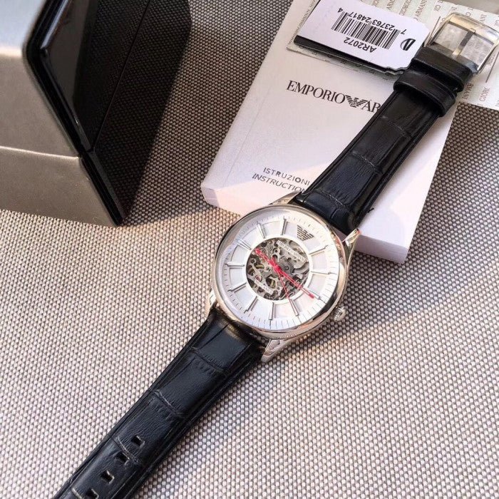 Emporio Armani Meccanico Silver Skeleton Dial Black Leather Strap Watch For Men - AR2072 Buy Now By Emporio Armani