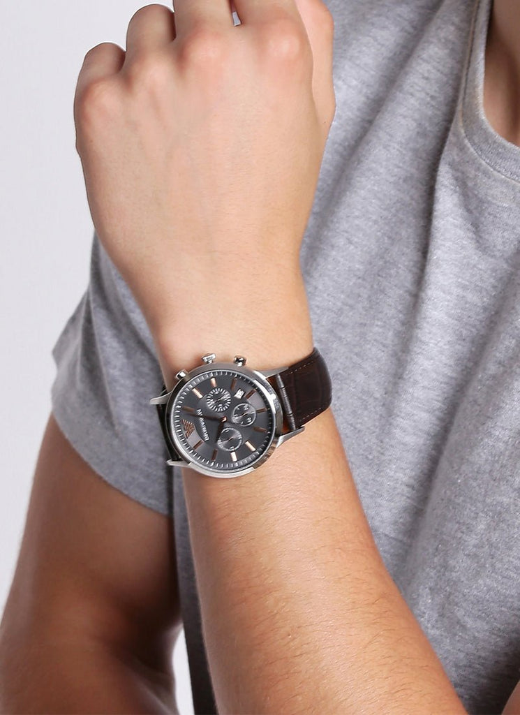 Emporio Armani Renato Chronograph Grey Dial Brown Leather Strap Watch For Men - AR2513 Buy Now By Emporio Armani