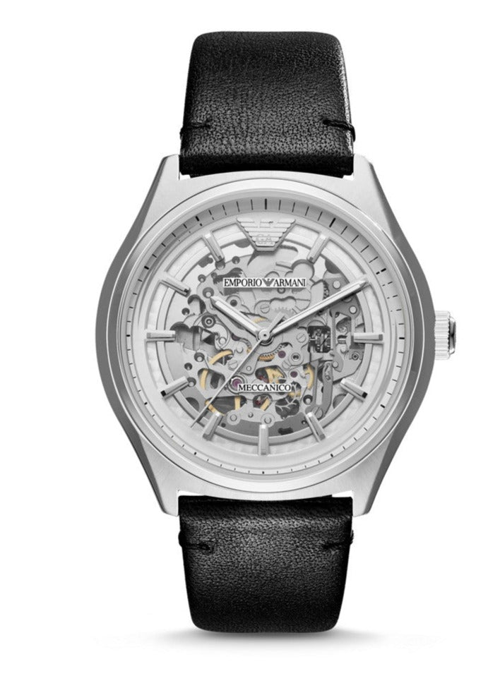 Emporio Armani Meccanico White Skeleton Dial Black Leather Strap Watch For Men - AR60003 Buy Now By Emporio Armani