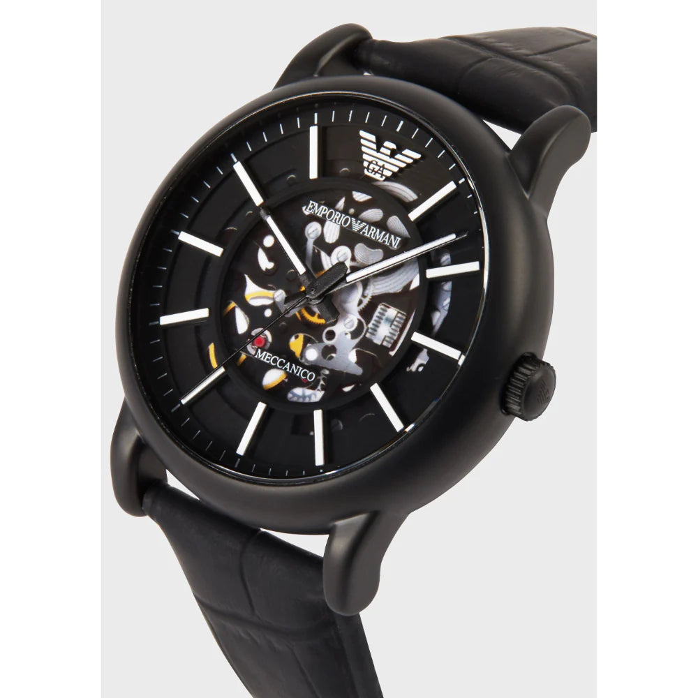 Emporio Armani Meccanico Automatic Skeleton Dial Black Leather Strap Watch For Men - AR60008 Buy Now By Emporio Armani
