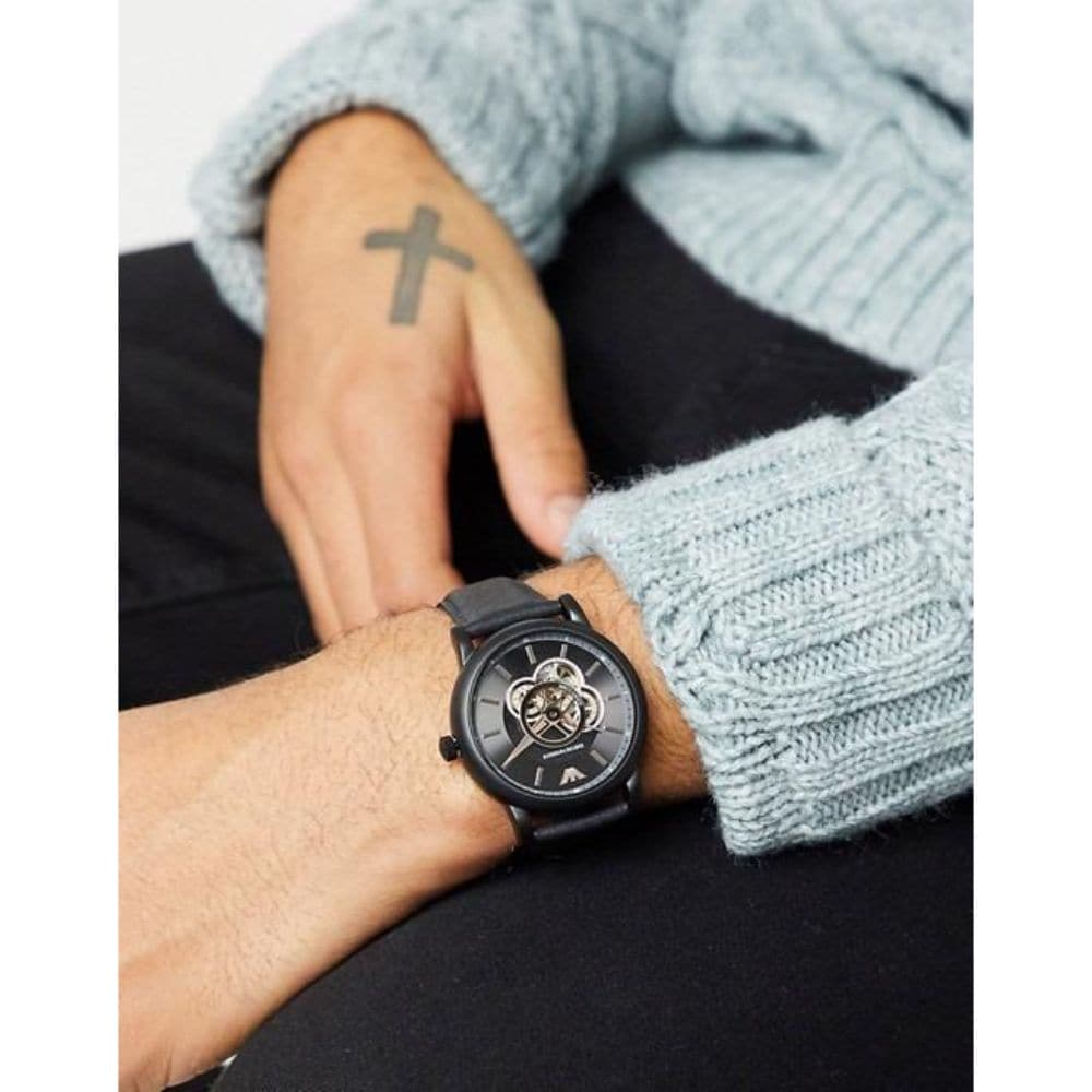 Emporio Armani Luigi Automatic Skeleton Black Dial Black Leather Strap Watch For Men - AR60012 Buy Now By Emporio Armani