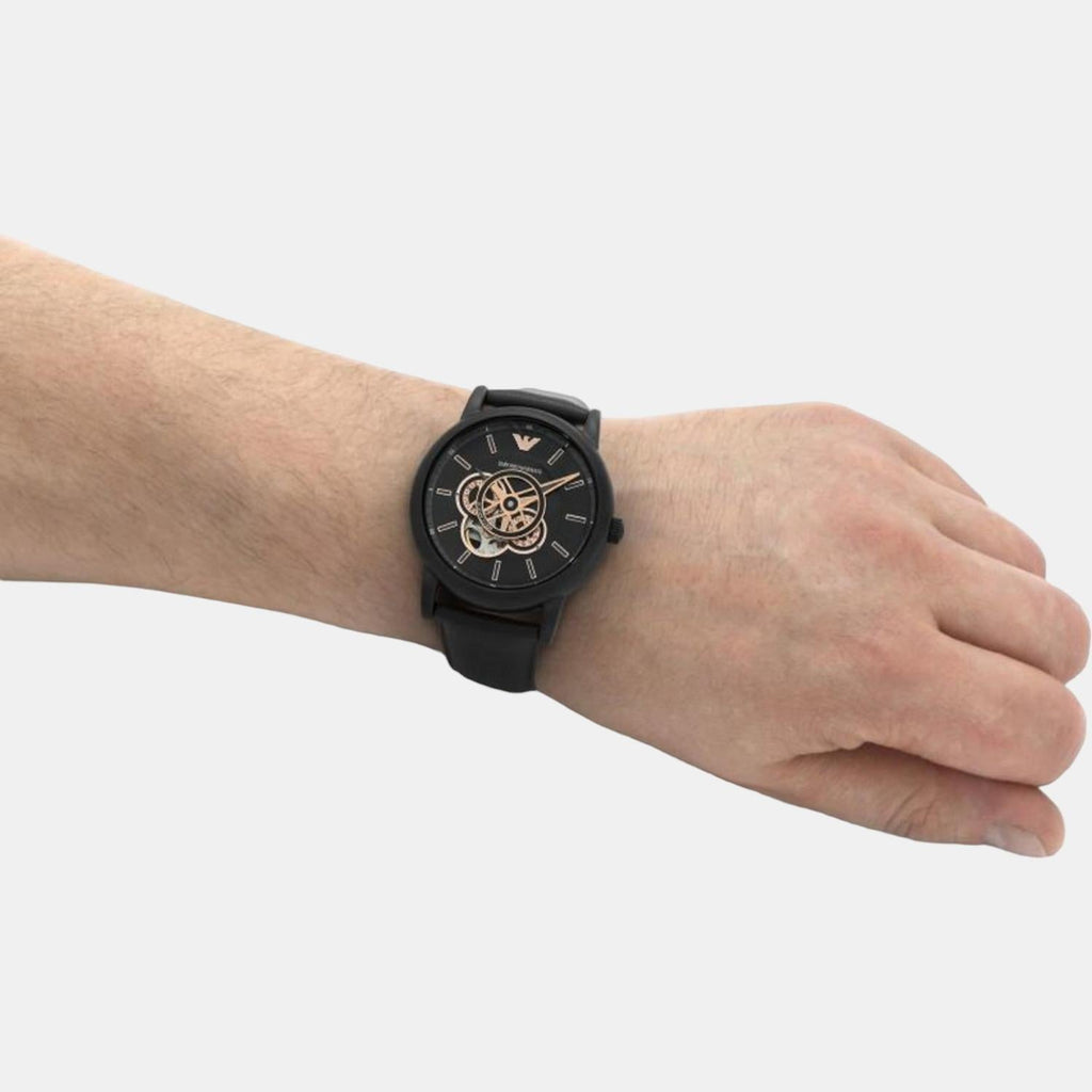 Emporio Armani Luigi Automatic Skeleton Black Dial Black Leather Strap Watch For Men - AR60012 Buy Now By Emporio Armani