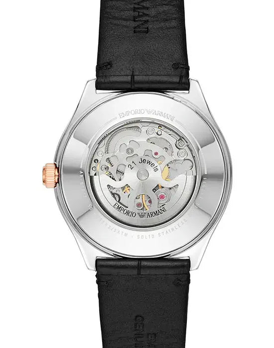 Emporio Armani Zeta Skeleton Automatic Silver Dial Black Leather Strap Watch For Men - AR60018 Buy Now By Emporio Armani