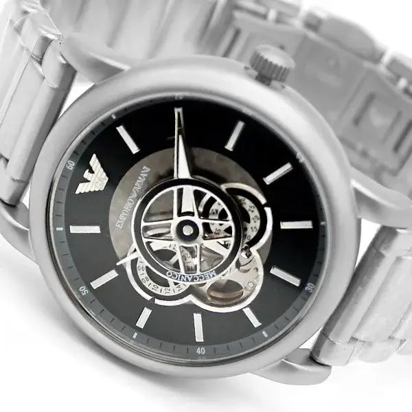 Emporio Armani Meccanico Automatic Skeleton Black Dial Silver Steel Strap Watch For Men - AR60021 Buy Now By Emporio Armani