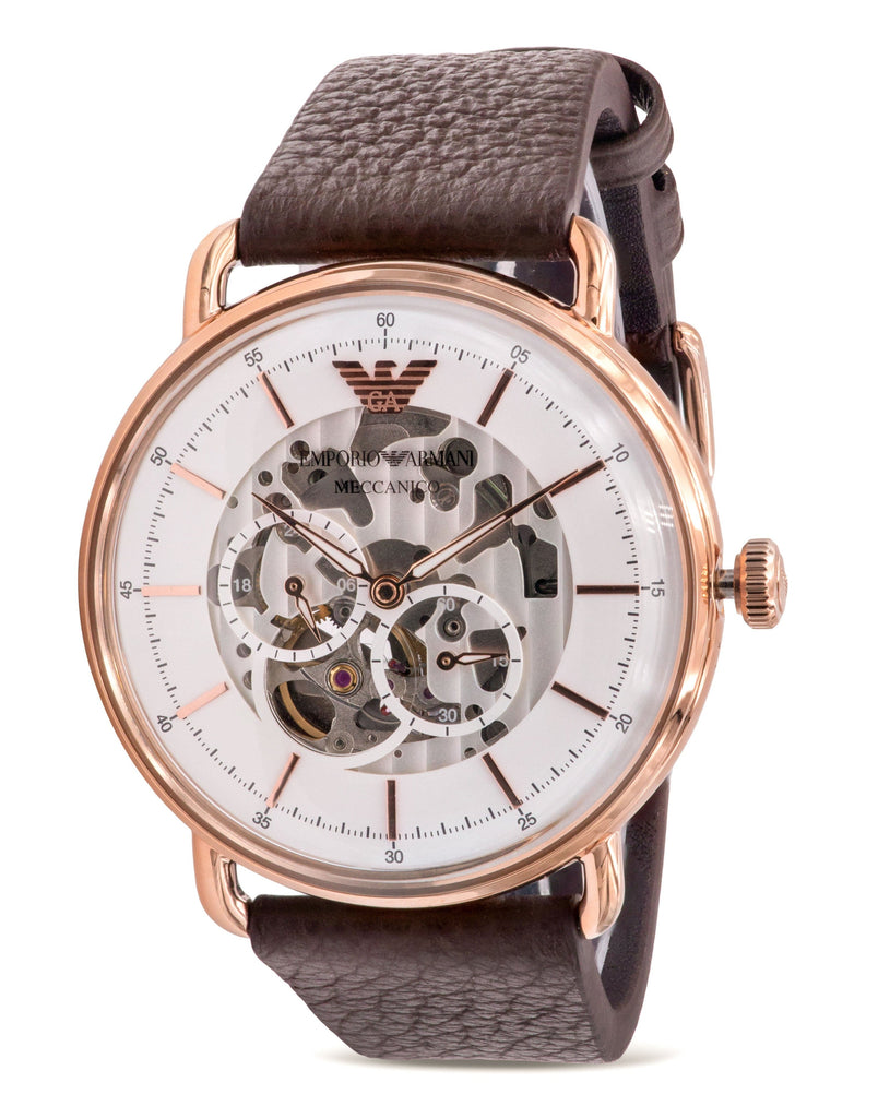 Emporio Armani Meccanico Automatic White Dial Brown Leather Strap Watch For Men - AR60027 Buy Now By Emporio Armani