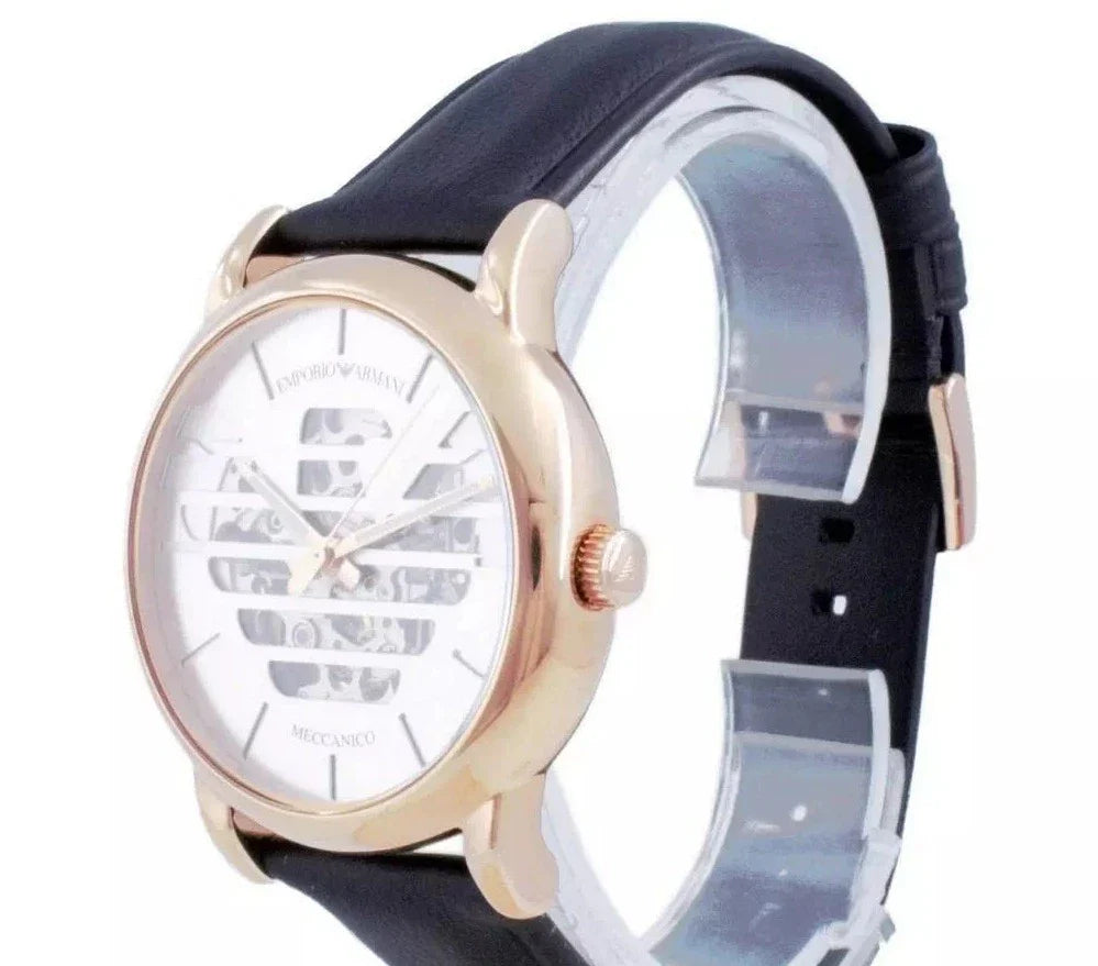 Emporio Armani Meccanico Skeleton Silver Dial Black Leather Strap Watch For Men - AR60031 Buy Now By Emporio Armani