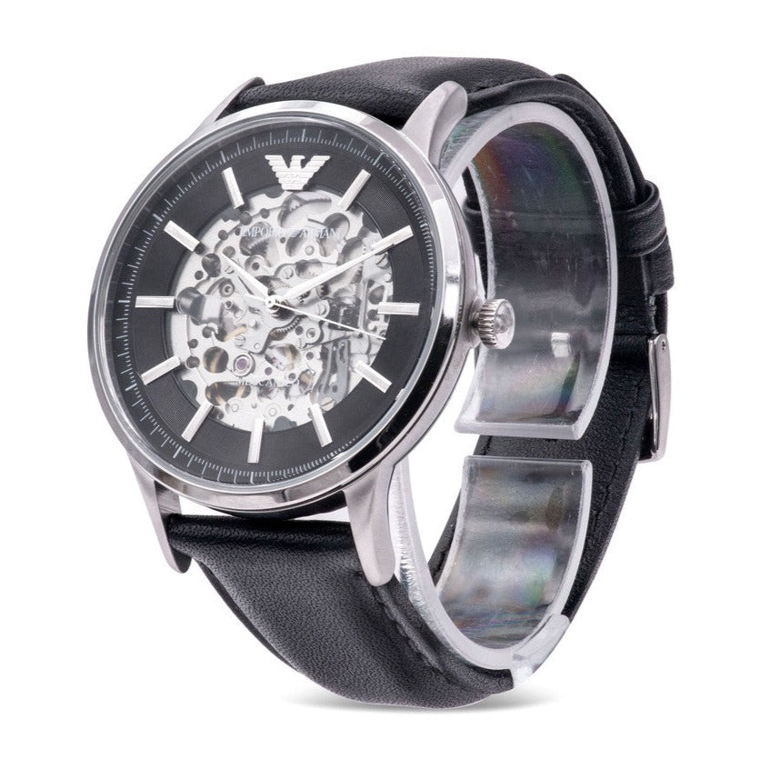 Emporio Armani Meccanico Skeleton Automatic Black Dial Black Leather Strap Watch for Men - AR60038 Buy Now By Emporio Armani