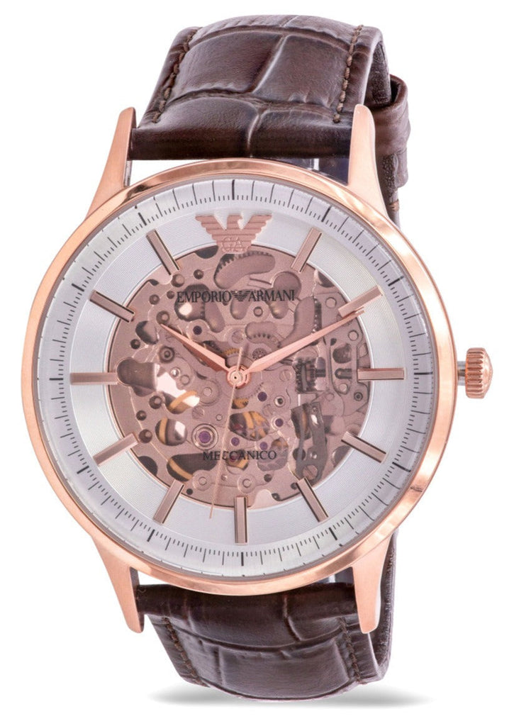 Emporio Armani Meccanico Automatic Silver Dial Brown Leather Strap Watch For Men - AR60039 Buy Now By Emporio Armani