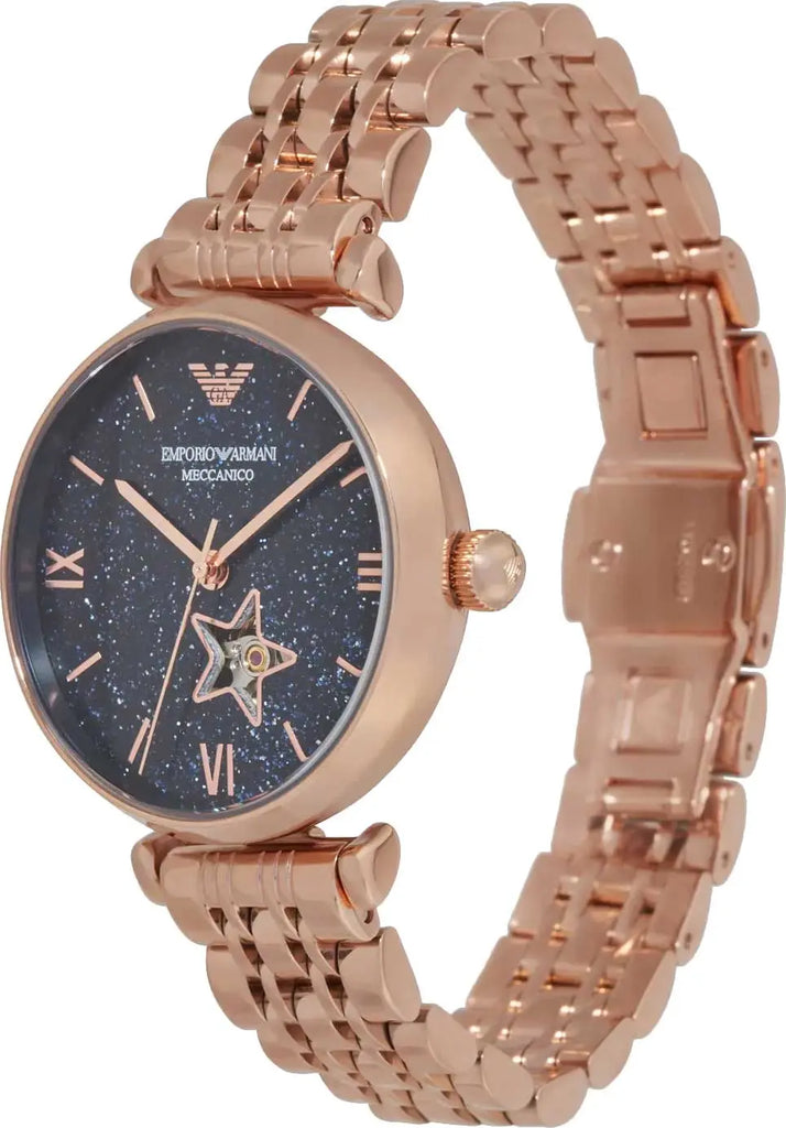 Emporio Armani Meccanico Crystals Black Dial Rose Gold Steel Strap Watch For Women - AR60043 Buy Now By Emporio Armani