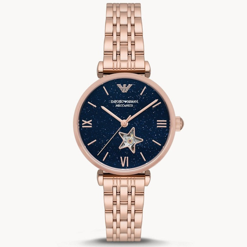 Emporio Armani Meccanico Crystals Black Dial Rose Gold Steel Strap Watch For Women - AR60043 Buy Now By Emporio Armani