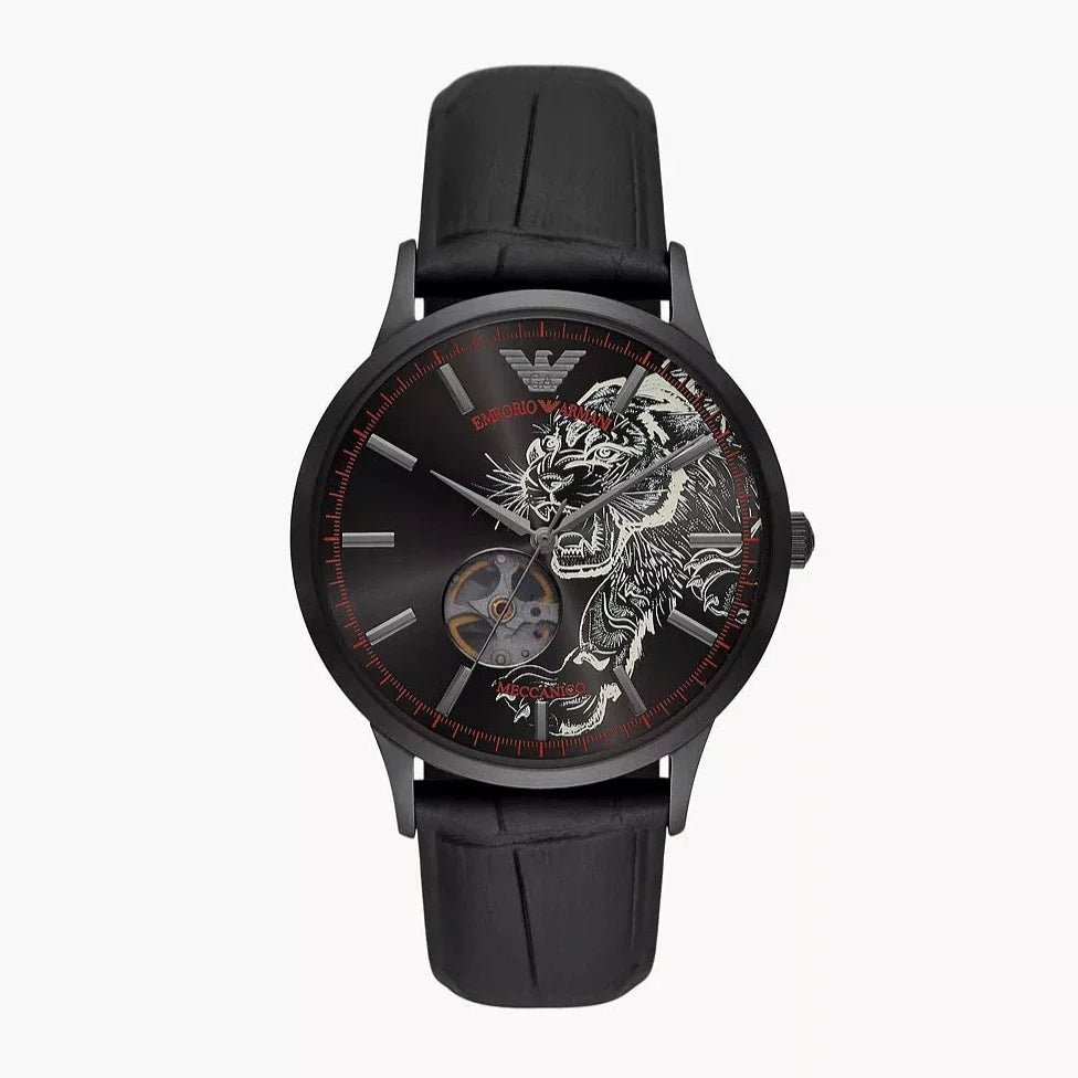 Emporio Armani Meccanico Skeleton Black Dial Black Leather Strap Watch For Men - AR60046 Buy Now By Emporio Armani