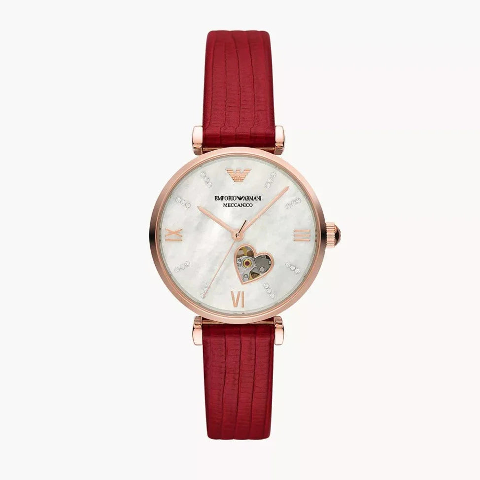 Emporio Armani Gianni T-Bar Mother of Pearl White Dial Red Leather Strap Watch For Women - AR60048 Buy Now By Emporio Armani