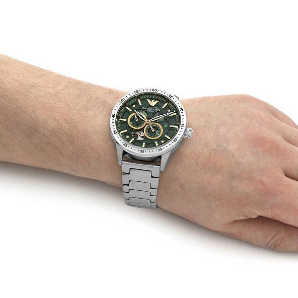 Emporio Armani Meccanico Chronograph Automatic Green Dial Silver Steel Strap Watch For Men - AR60053