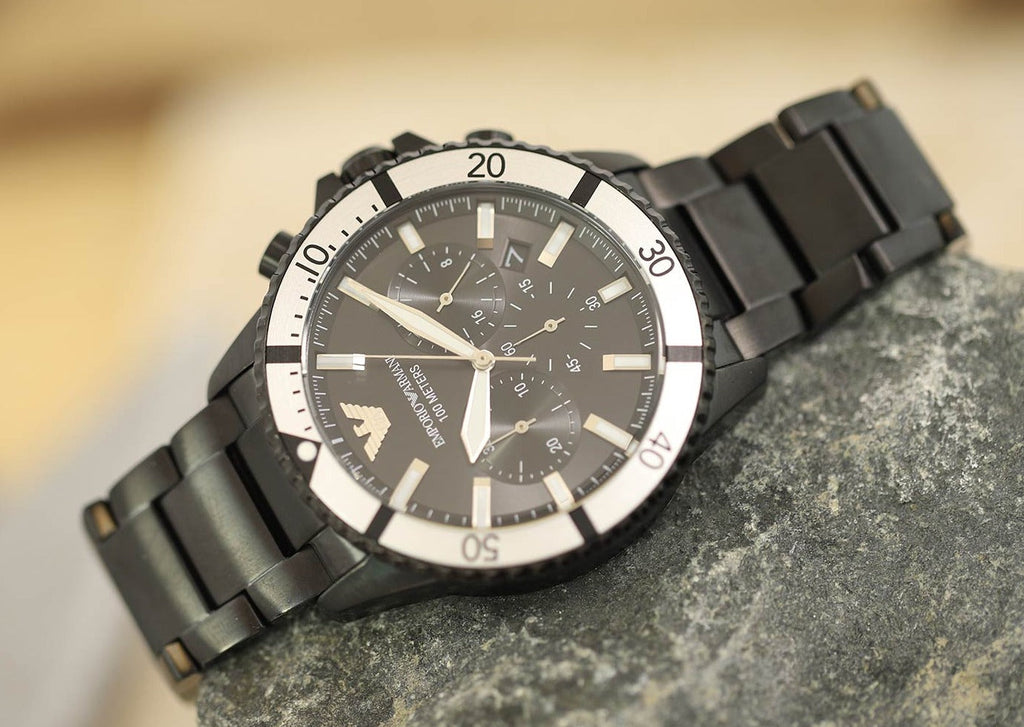 Emporio Armani Diver Chronograph Black Dial Black Steel Strap Watch For Men - AR80050 Buy Now By Emporio Armani