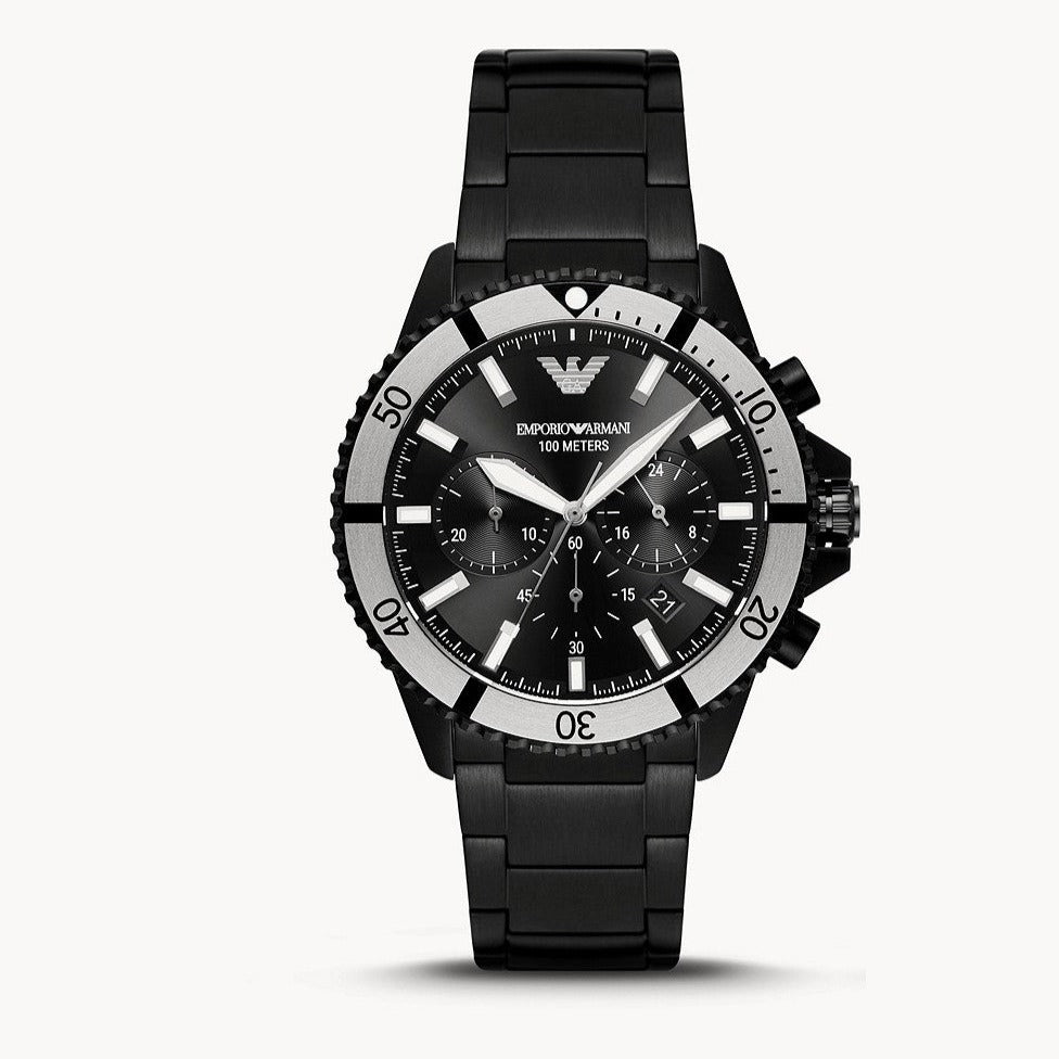 Emporio Armani Diver Chronograph Black Dial Black Steel Strap Watch For Men - AR80050 Buy Now By Emporio Armani