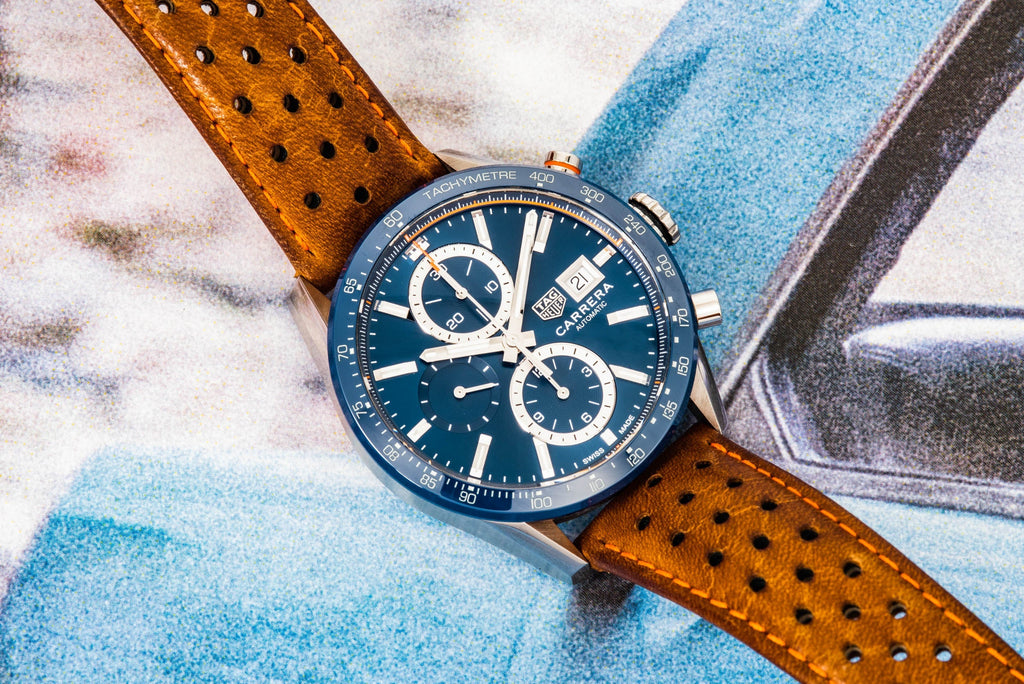 Tag Heuer Carrera Automatic Chronograph Blue Dial Brown Leather Strap Watch for Men - CBN2A1A.FC6537