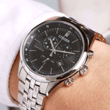 Citizen Eco Drive Chronograph Black Dial Silver Steel Strap Watch For Men - AT2140-55E Buy Now By Citizen