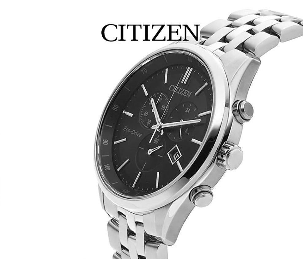 Citizen Eco Drive Chronograph Black Dial Silver Steel Strap Watch For Men - AT2140-55E Buy Now By Citizen