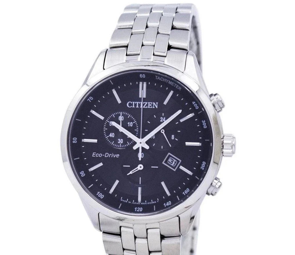 Citizen Eco Drive Chronograph Black Dial Silver Steel Strap Watch For Men - AT2140-55E Buy Now By Citizen