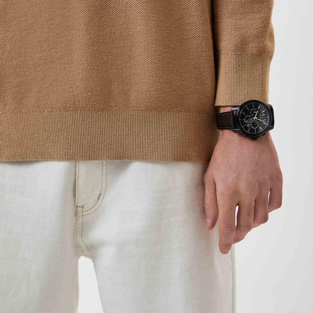 Armani Exchange Outerbanks Chronograph Black Dial Brown Leather Strap Watch For Men - AX1732 Buy Now By Armani Exchange