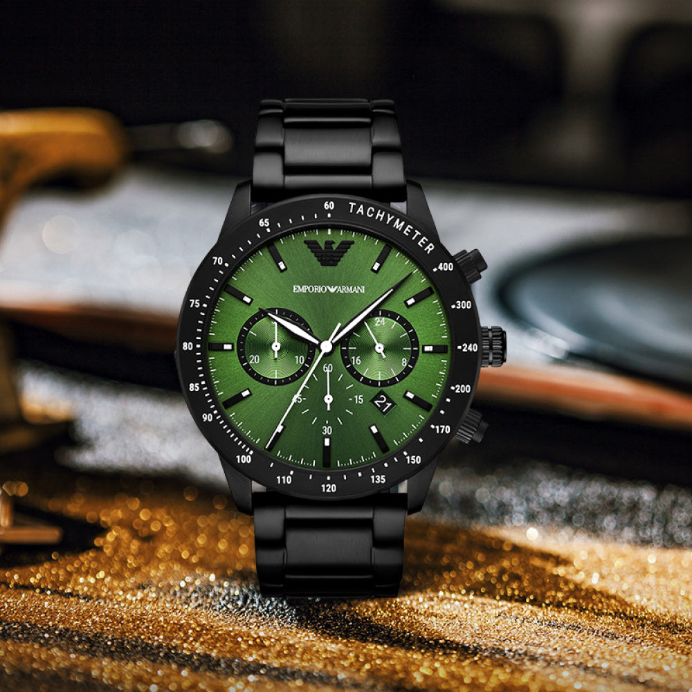 Emporio Armani Mario Chronograph Green Dial Black Steel Strap Watch For Men - AR11472 Buy Now By Emporio Armani