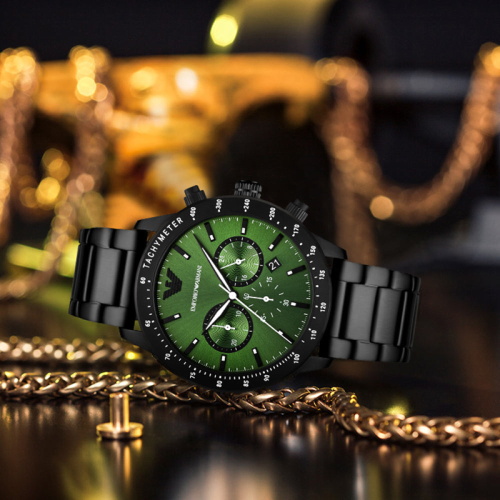 Emporio Armani Mario Chronograph Green Dial Black Steel Strap Watch For Men - AR11472 Buy Now By Emporio Armani