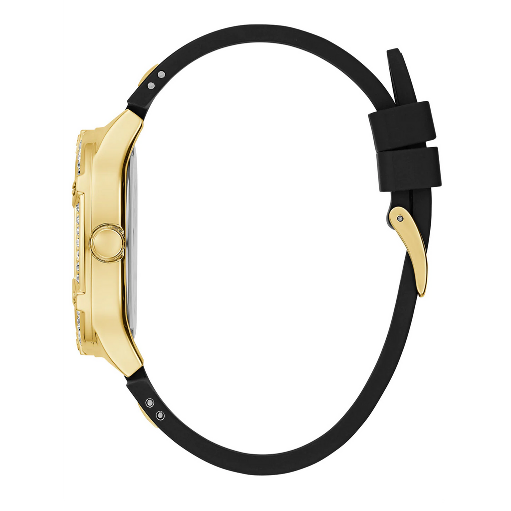 Guess Duchess Crystals Gold Dial Black Silicon Strap Watch For Women - GW0619L2 Buy Now By Guess