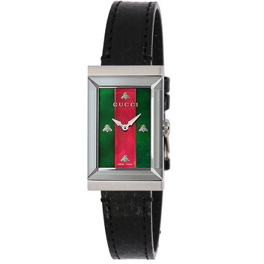 Gucci G-Frame Mother of Pearl Green & Red Dial Black Leather Strap Watch For Women - YA147403 Buy Now By Gucci