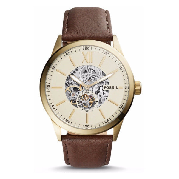 Fossil Flynn Mechanical Skeleton Beige Dial Brown Leather Strap Watch for Men - BQ2215 Buy Now By Fossil