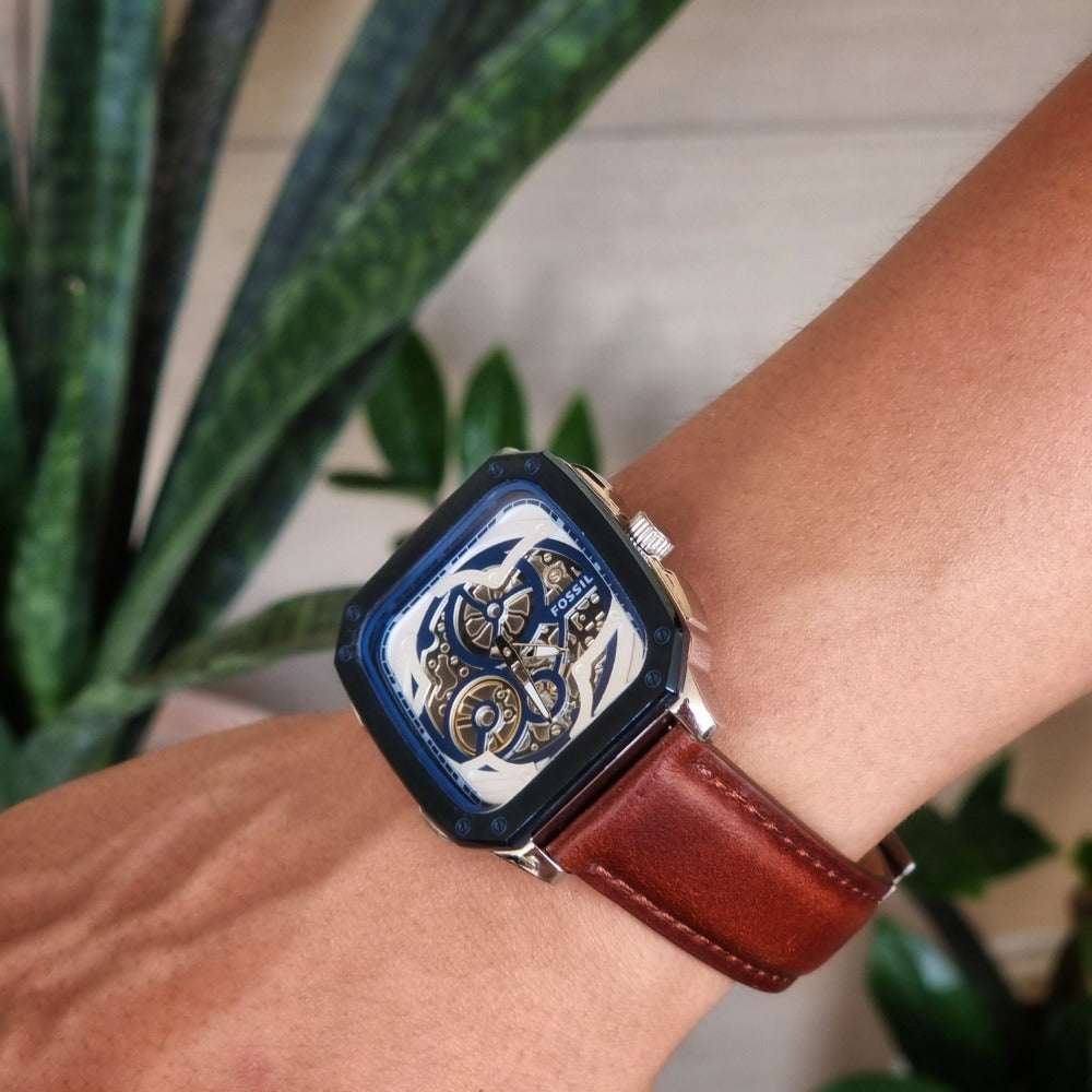 Fossil Inscription Automatic Skeleton Blue Dial Brown Leather Strap Watch for Men - BQ2571 Buy Now By Fossil