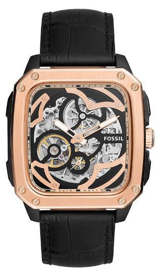Fossil Inscription Automatic Skeleton Rose Gold Dial Black Leather Strap Watch for Men - BQ2572 Buy Now By Fossil