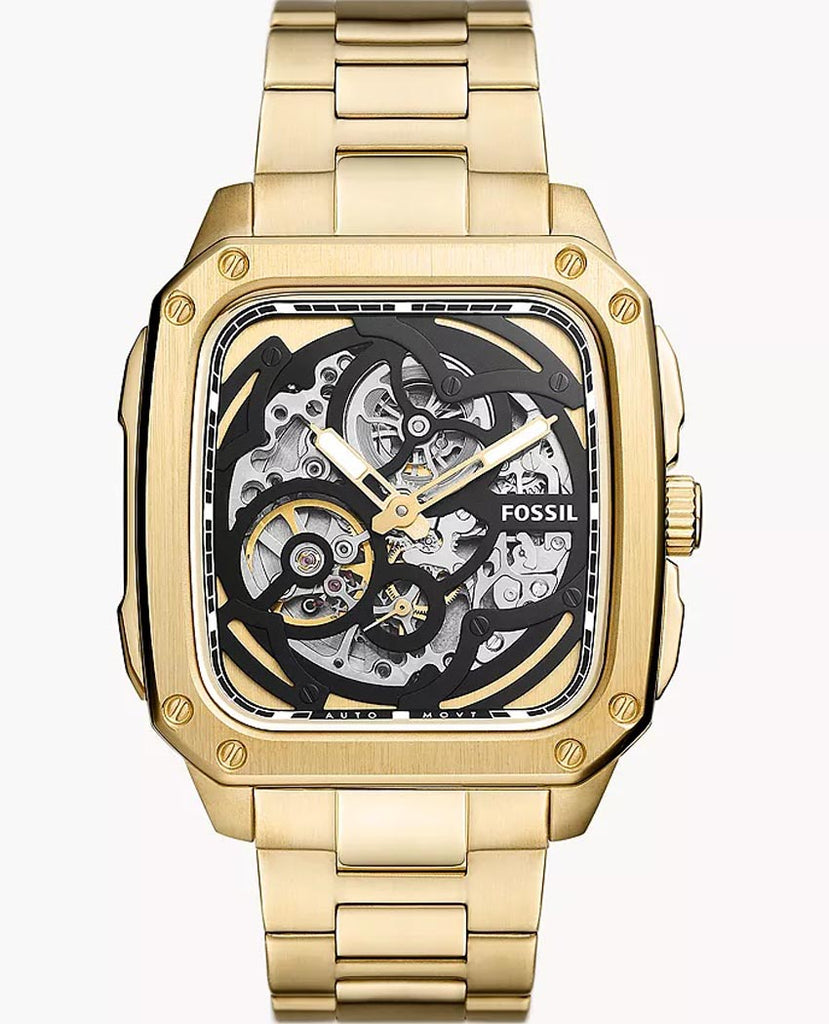 Fossil Inscription Automatic Skeleton Black Dial Gold Steel Strap Watch for Men - BQ2573 Buy Now By Fossil
