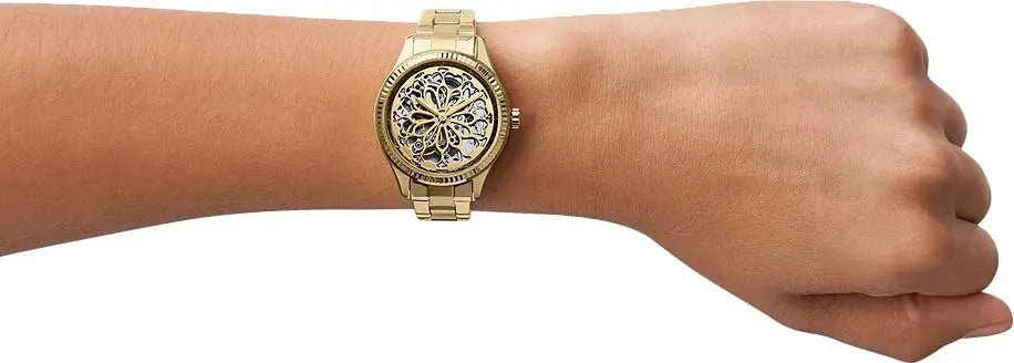 Fossil Rye Automatic Skeleton Gold Dial Gold Steel Strap Watch for Women - BQ3755 Buy Now By Fossil