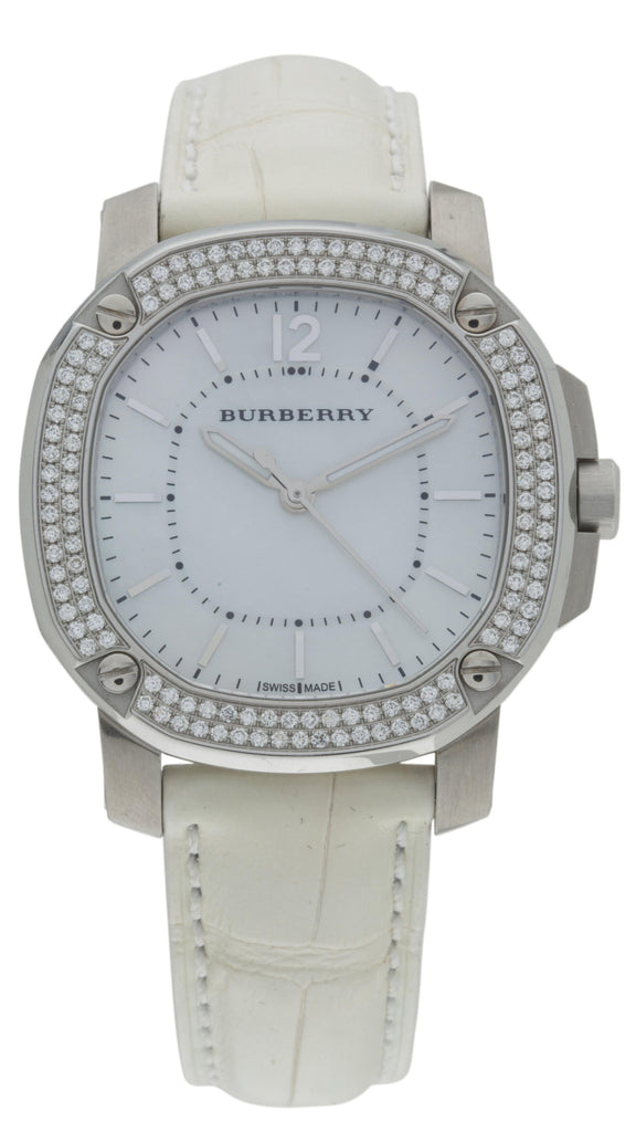 Burberry The Britain Diamonds Mother of Pearl Dial White Leather Strap Watch for Women - BBY1800 Buy Now By Burberry