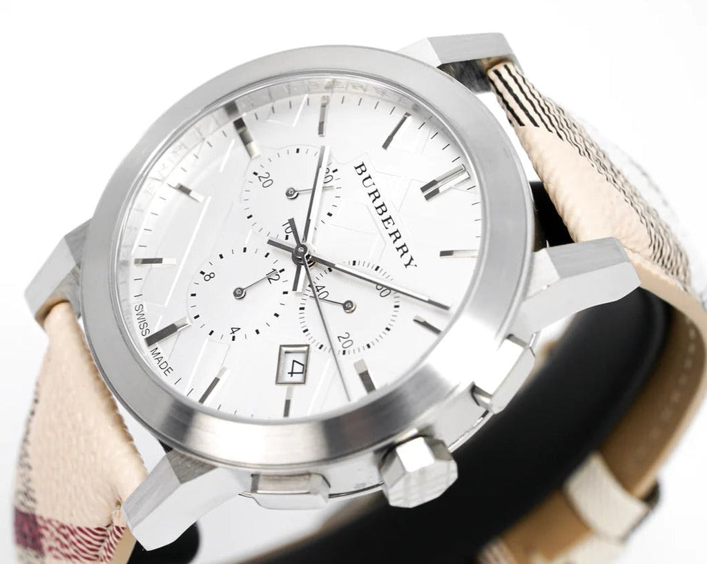 Burberry The City Chronograph White Dial Haymarket Leather Strap Watch For Men - BU9360 Buy Now By Burberry