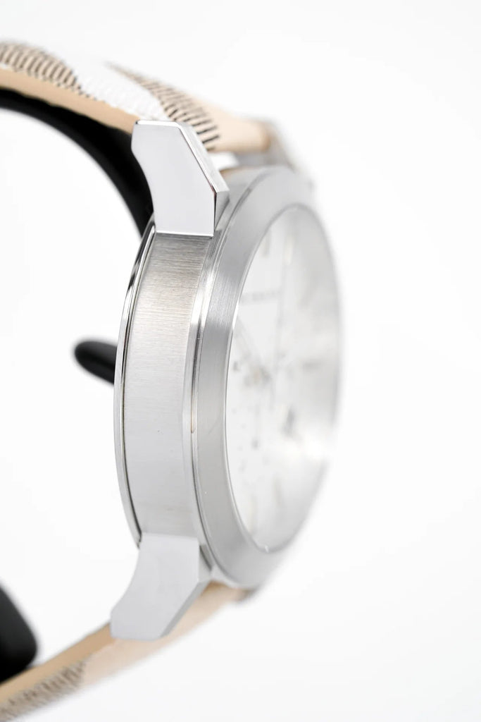 Burberry The City Chronograph White Dial Haymarket Leather Strap Watch For Men - BU9360 Buy Now By Burberry
