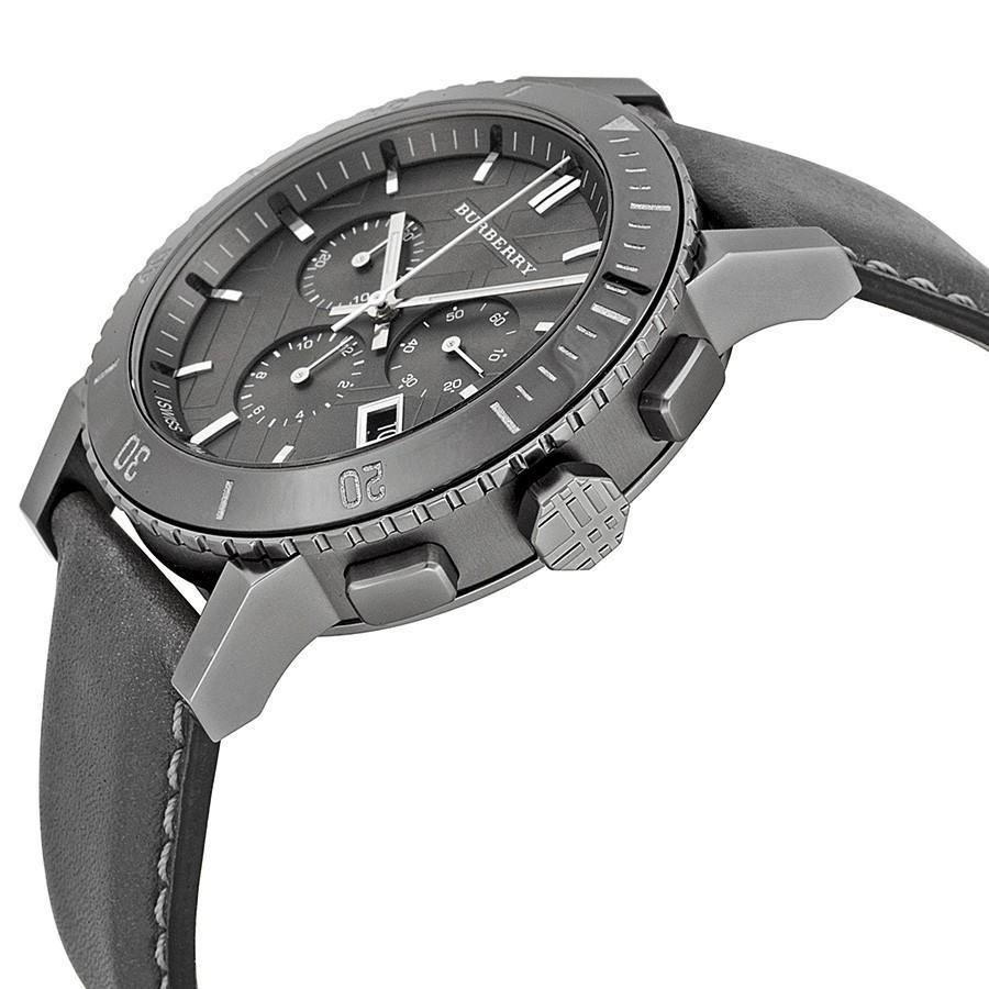 Burberry The City Chronograph Ion Plated Grey Dial Grey Leather Strap Watch for Men - BU9384 Buy Now By Burberry