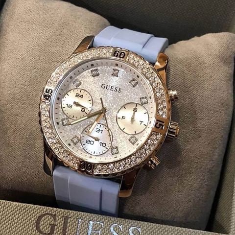 Guess Confetti Crystal Silver Dial Blue Rubber Strap Watch For Women - W1098L3 Buy Now By Guess