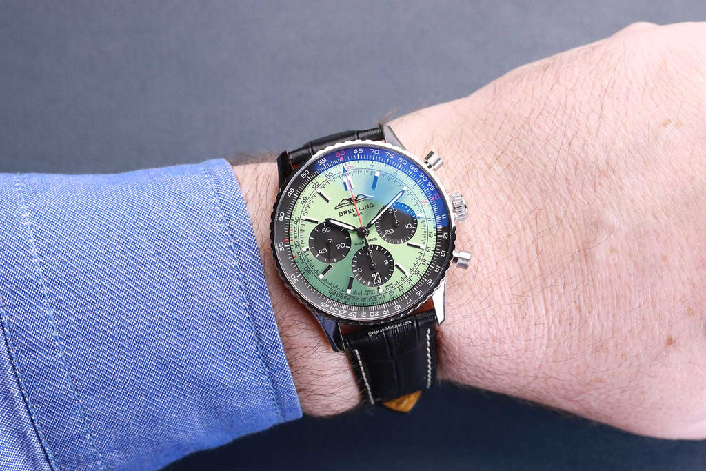 Breitling Navitimer B01 Chronograph 43 Green Dial Black Leather Strap Watch for Men - AB0138241L1P1 Buy Now By Breitling