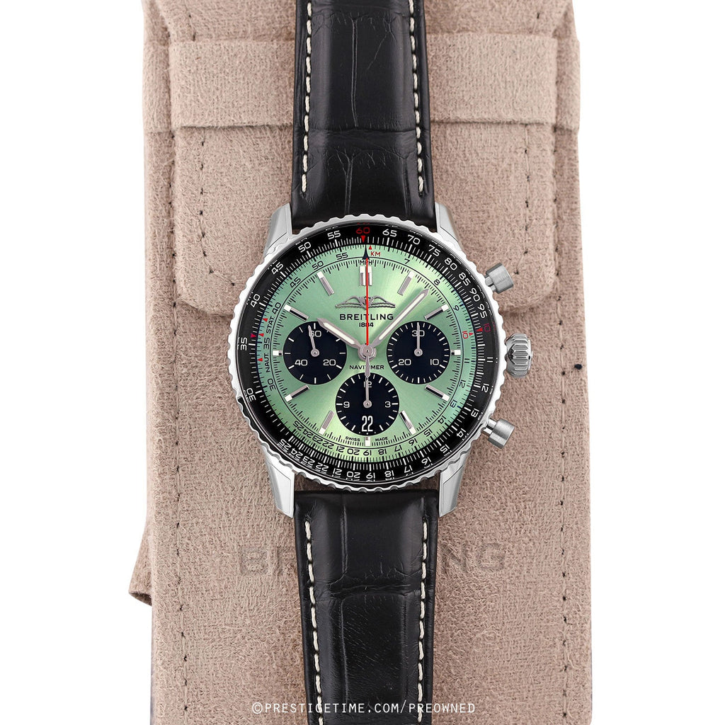 Breitling Navitimer B01 Chronograph 43 Green Dial Black Leather Strap Watch for Men - AB0138241L1P1
