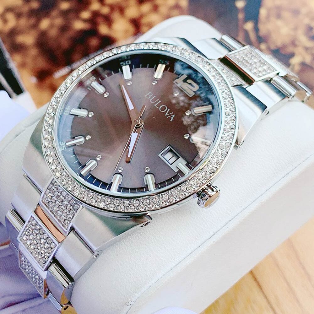 Bulova Crystal Collection Brown Dial Silver Steel Strap Watch for Men - 96B221 Buy Now By Bulova