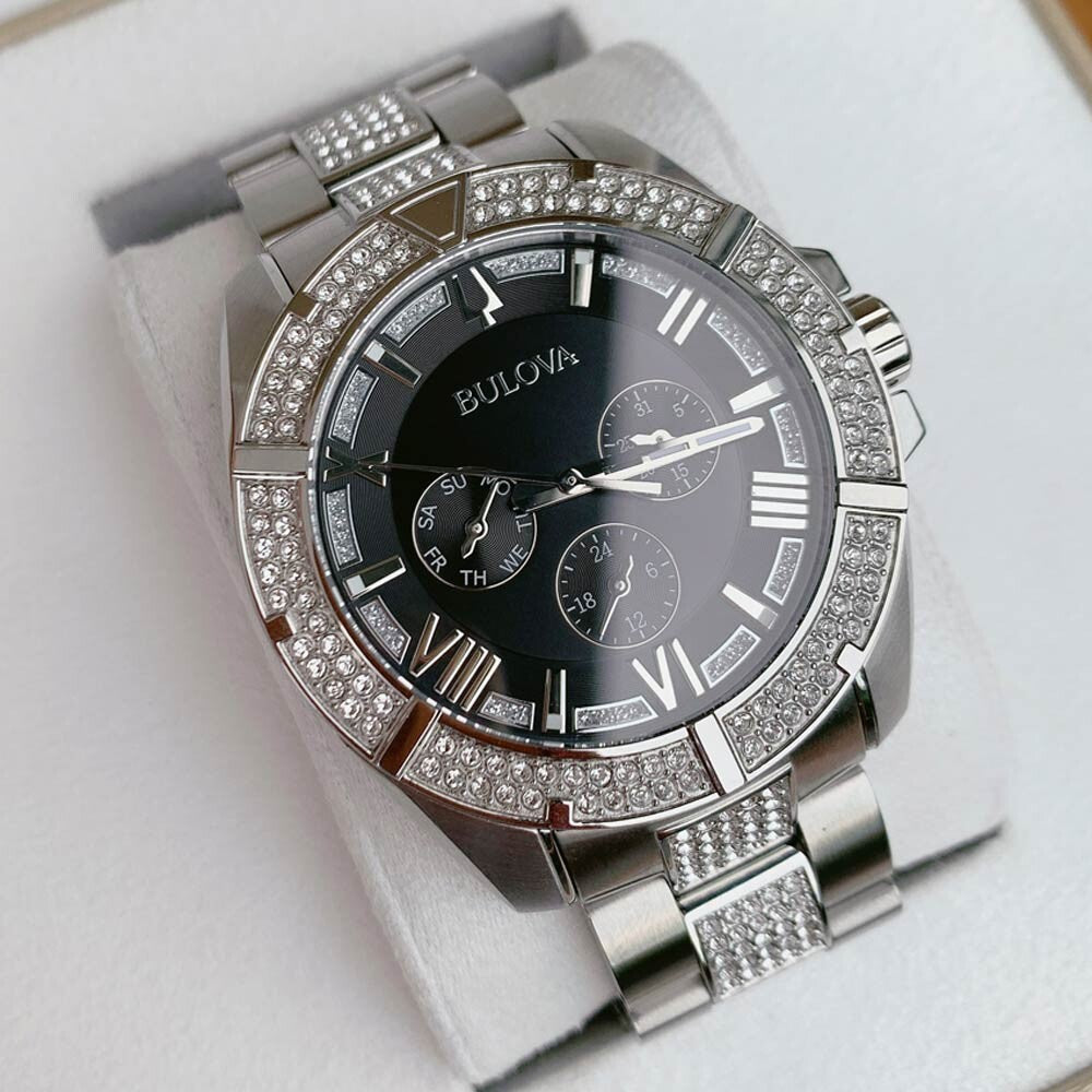 Bulova Crystal Collection Chronograph Black Dial Two Tone Steel Strap Watch for Men - 96C126 Buy Now By Bulova