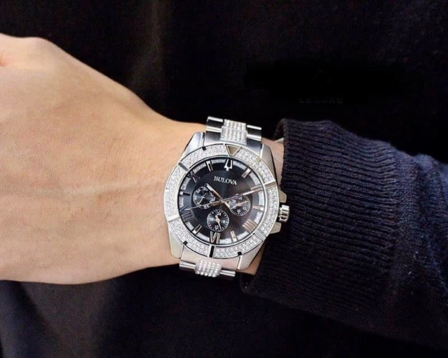 Bulova Crystal Collection Chronograph Black Dial Two Tone Steel Strap Watch for Men - 96C126 Buy Now By Bulova